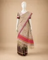 Natural Golden Toss Silk Single Sador with Red Floral Buta and Geometric Ghai Phul