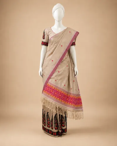 Natural Golden Toss Silk Single Sador with Red Floral Buta and Geometric Ghai Phul