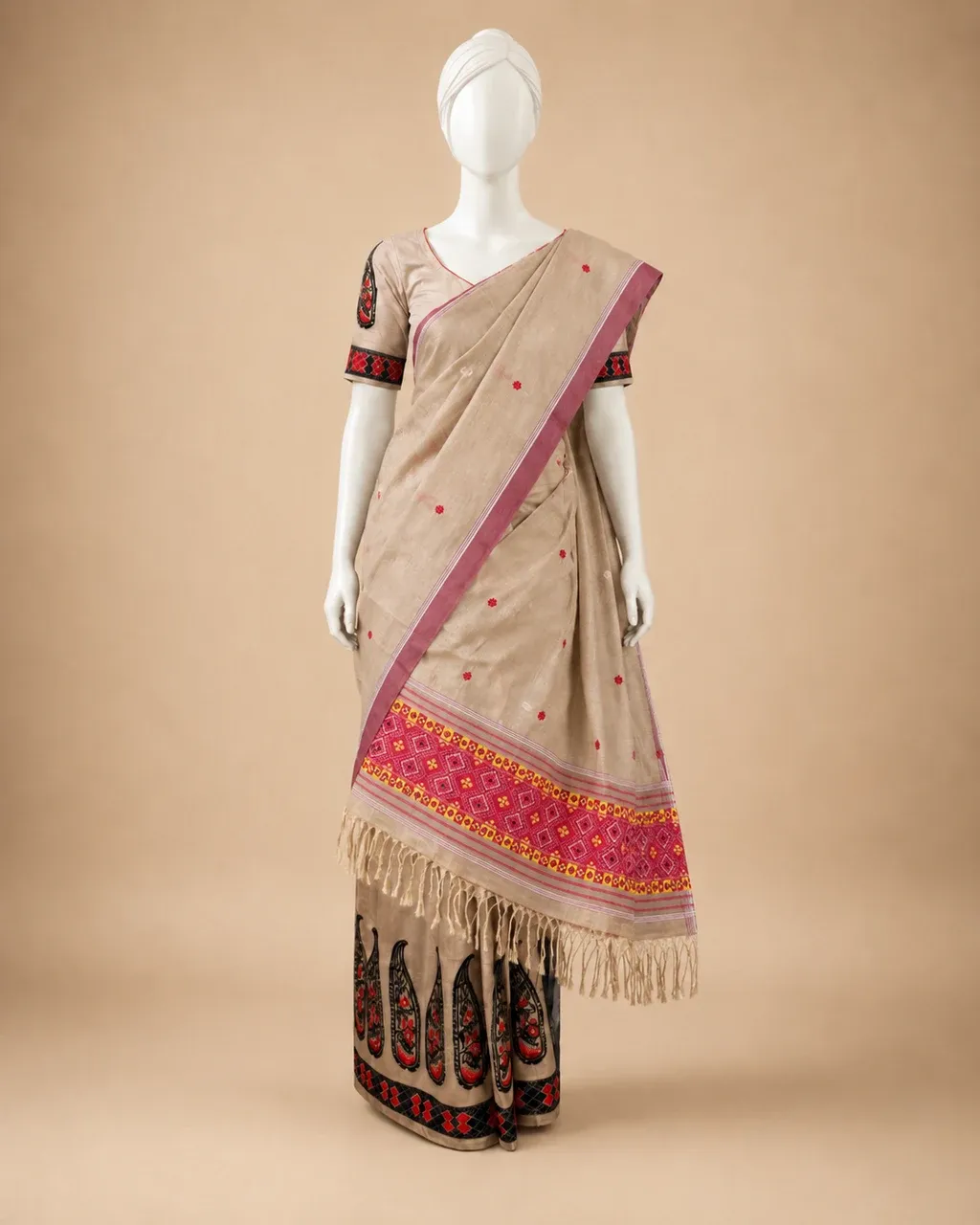 Natural Golden Toss Silk Single Sador with Red Floral Buta and Geometric Ghai Phul