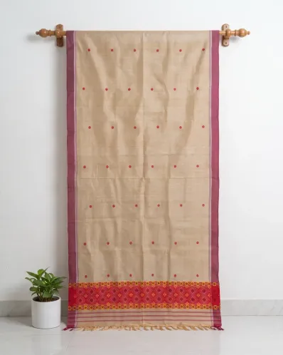 Natural Golden Toss Silk Single Sador with Red Floral Buta and Geometric Ghai Phul