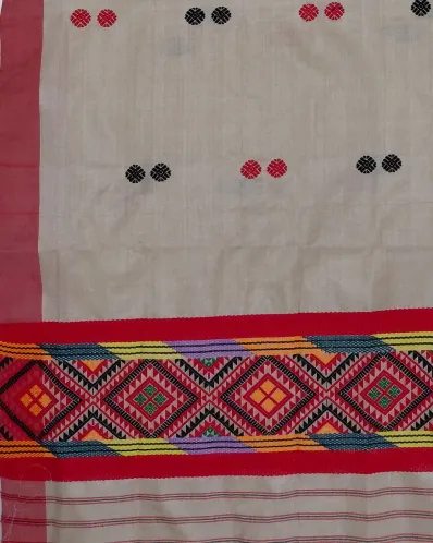 Black Toss Silk Single Sador with Paired Red-Black Buta and Mishing Motif Ghai Phul