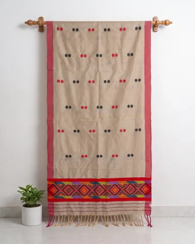 Black Toss Silk Single Sador with Paired Red-Black Buta and Mishing Motif Ghai Phul