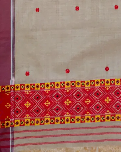 Natural Golden Toss Silk Single Sador with Red Floral Buta and Geometric Ghai Phul