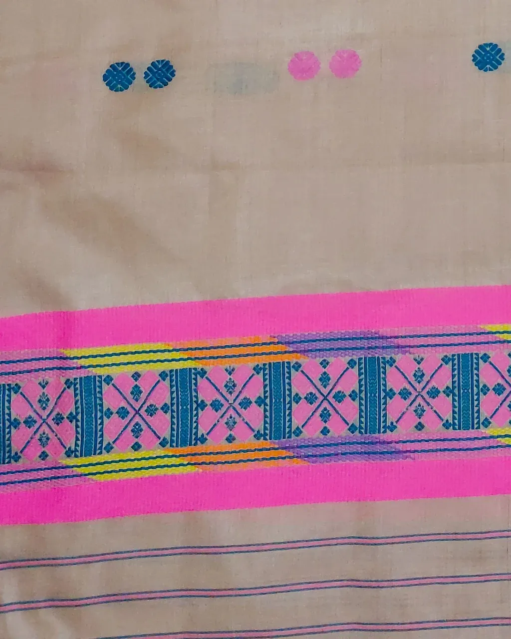 Black Toss Silk Single Sador with Paired Red-Black Buta and Mishing Motif Ghai Phul