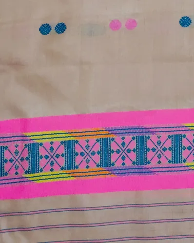 Black Toss Silk Single Sador with Paired Red-Black Buta and Mishing Motif Ghai Phul