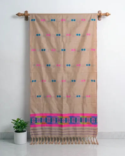 Black Toss Silk Single Sador with Paired Red-Black Buta and Mishing Motif Ghai Phul