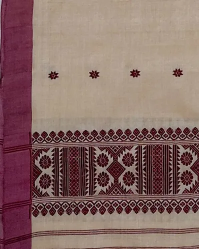 Black Toss silk single sador with maroon floral butas, broad maroon side pari, and geometric ghai phul border