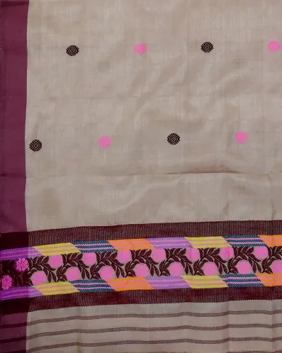Kola Toss silk single sador with pink chocolate gol buta, maroon side pari, and colourful phulam ghai phul