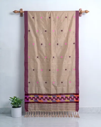 Kola Toss silk single sador with pink chocolate gol buta, maroon side pari, and colourful phulam ghai phul
