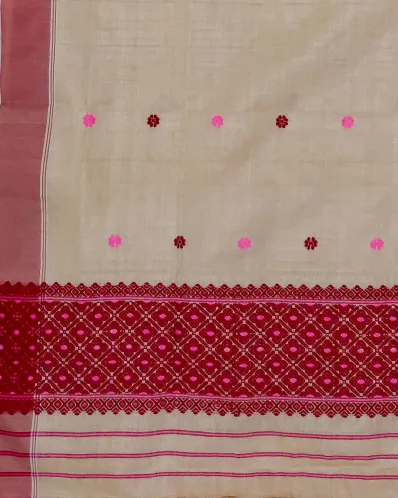 Kola Toss silk single sador with pink maroon buta, pink side pari, and magenta jali ghai phul