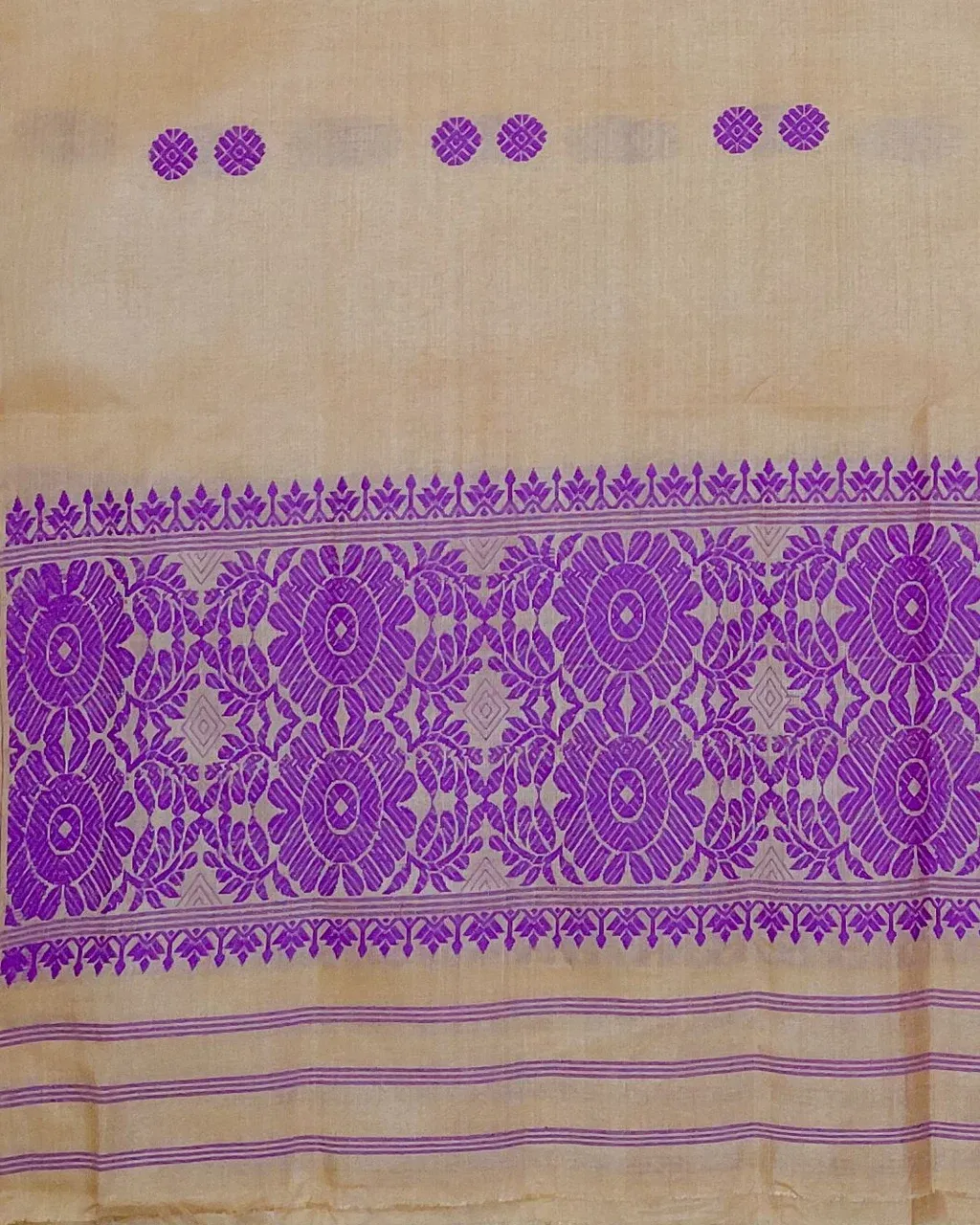 Golden Toss silk single sador with purple buta and purple phulam border