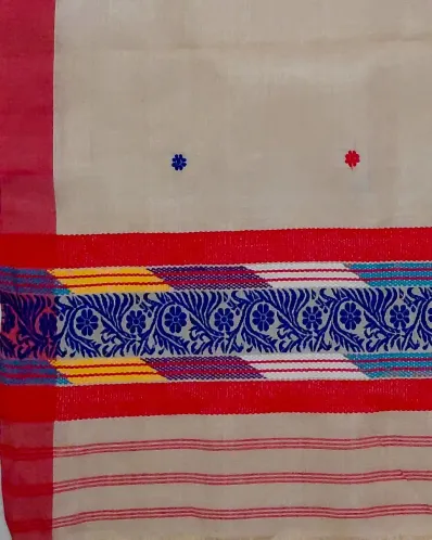 Kola Toss silk single sador with red blue buta, red side pari, and blue phulam ghai phul