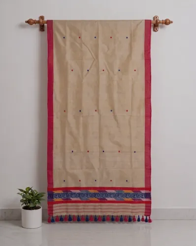 Kola Toss silk single sador with red blue buta, red side pari, and blue phulam ghai phul