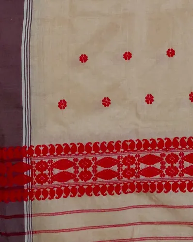 Kola Toss silk single sador with red buta, chocolate side pari, and red ghai phul