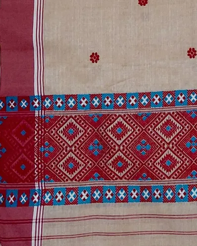 Kola Toss silk single sador with red buta, maroon side pari, and red blue Mising border
