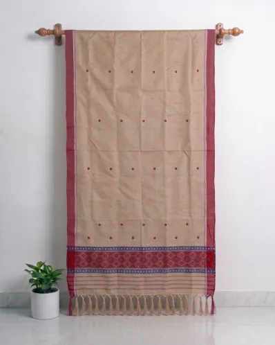 Kola Toss silk single sador with red buta, maroon side pari, and red blue Mising border