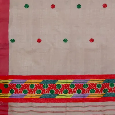 Kola Toss silk single sador with red green buta, red side pari, and colourful phulam ghai phul