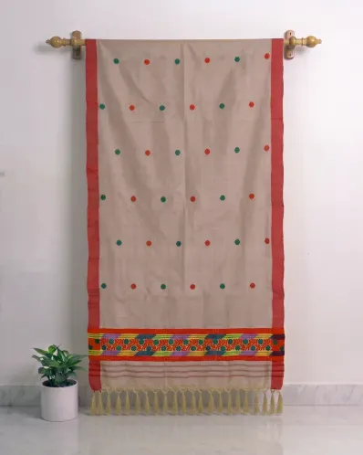 Kola Toss silk single sador with red green buta, red side pari, and colourful phulam ghai phul