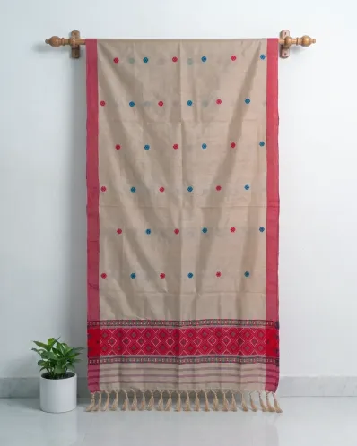 Red and Teal Buta Black Toss Single Sador with Mishing Motif