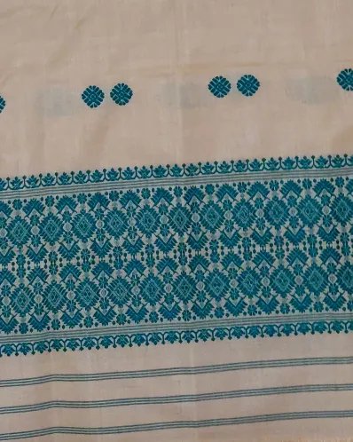 Golden Toss silk single sador with teal floral butas and teal geometric ghai phul border