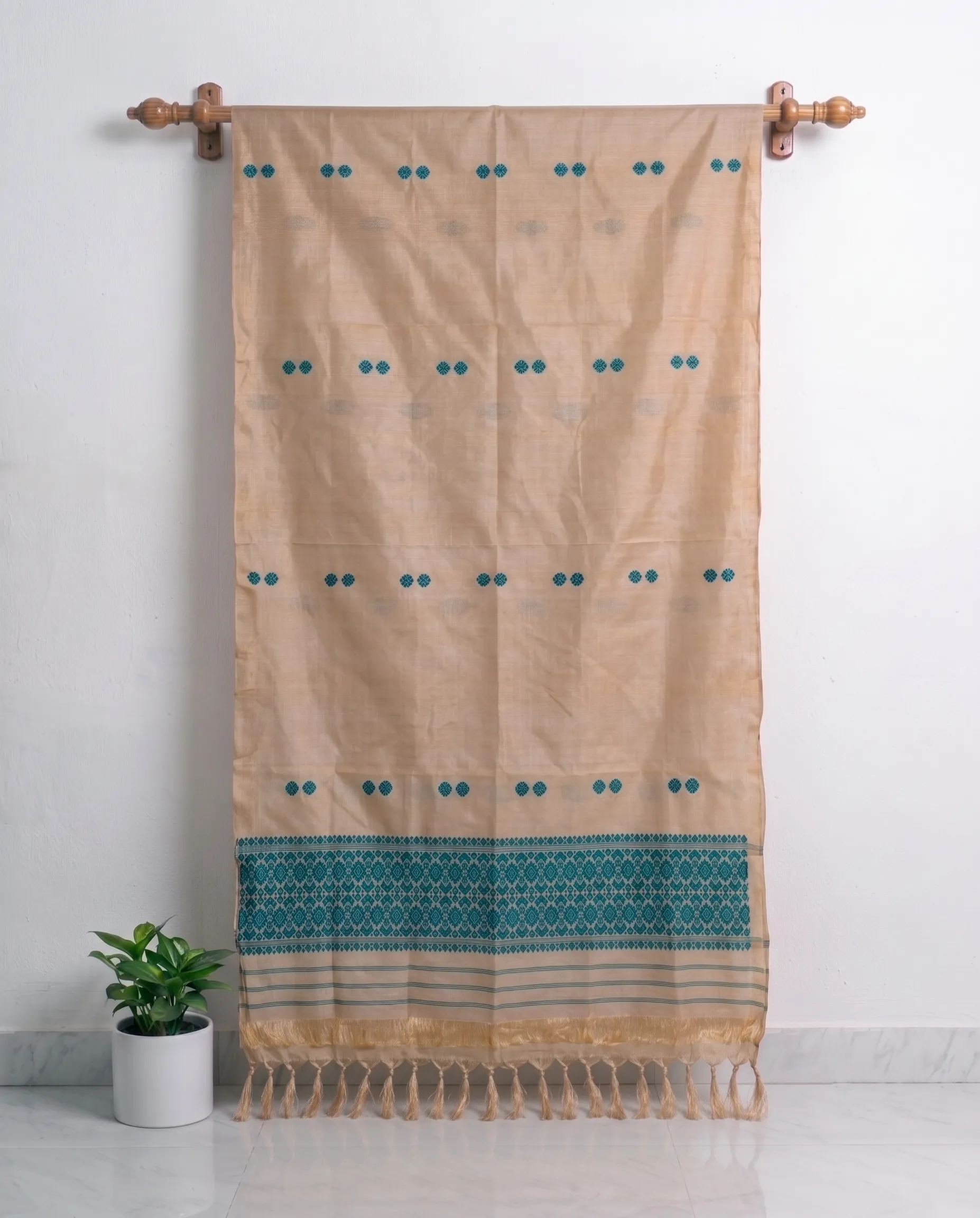 Golden Toss silk single sador with teal floral butas and teal geometric ghai phul border