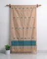 Golden Toss silk single sador with teal floral butas and teal geometric ghai phul border