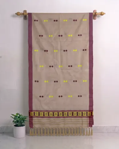 Kola Toss silk single sador with yellow chocolate jora buta, maroon side pari, and yellow chocolate ghai phul