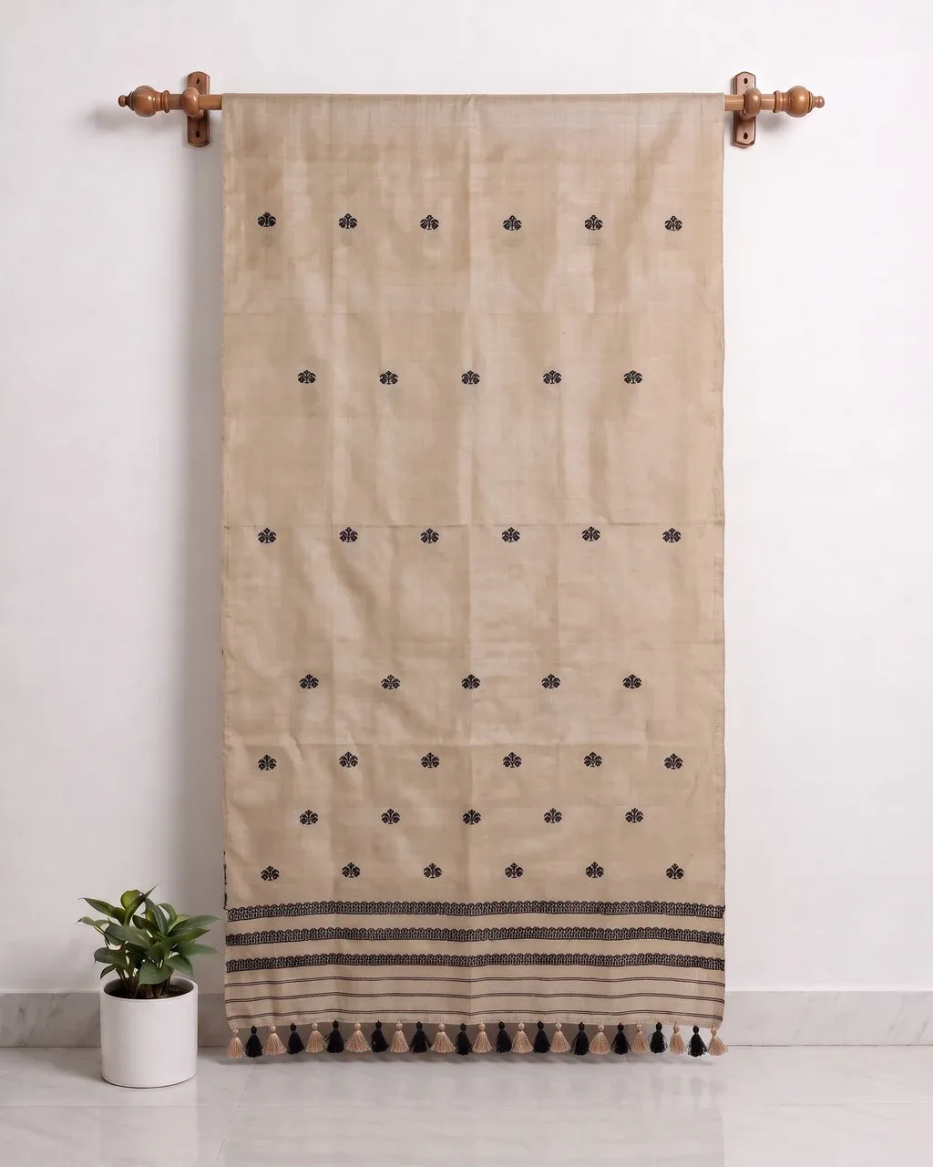 Kola Toss silk borderless single sador with black phul buta and black geometric ghai phul