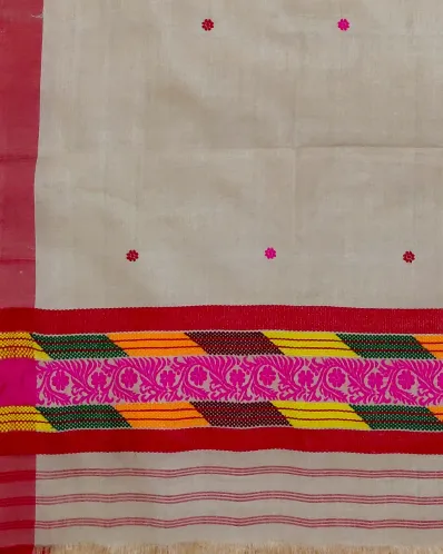Kola Toss silk single sador with red pink buta, red side pari, and pink phulam ghai phul