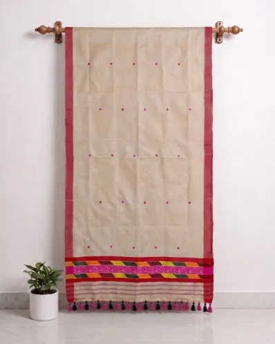 Kola Toss silk single sador with red pink buta, red side pari, and pink phulam ghai phul