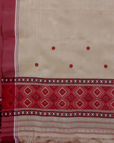 Golden Toss silk single sador with red xoru phul buta, maroon side pari, and red Mising ghai phul