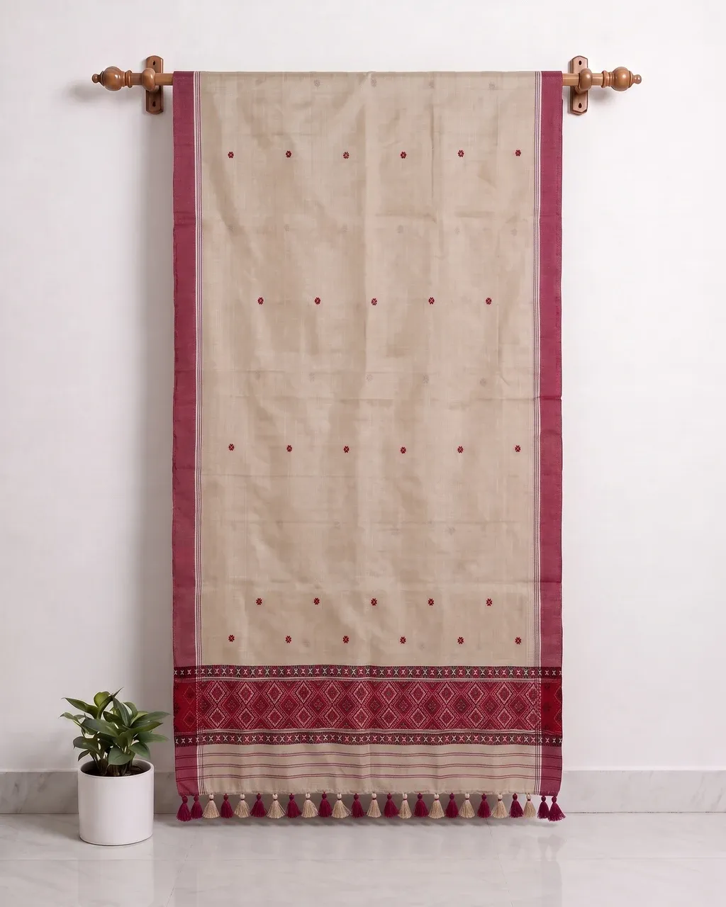 Golden Toss silk single sador with red xoru phul buta, maroon side pari, and red Mising ghai phul