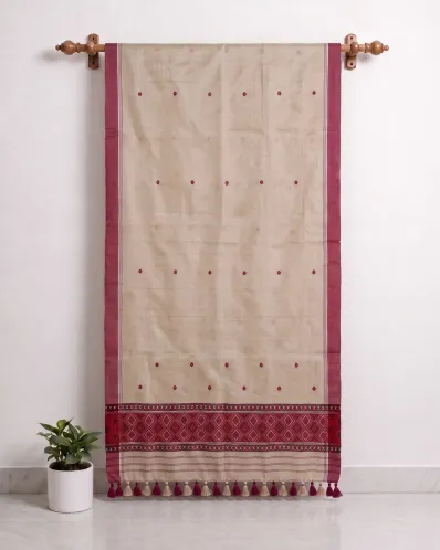 Golden Toss silk single sador with red xoru phul buta, maroon side pari, and red Mising ghai phul