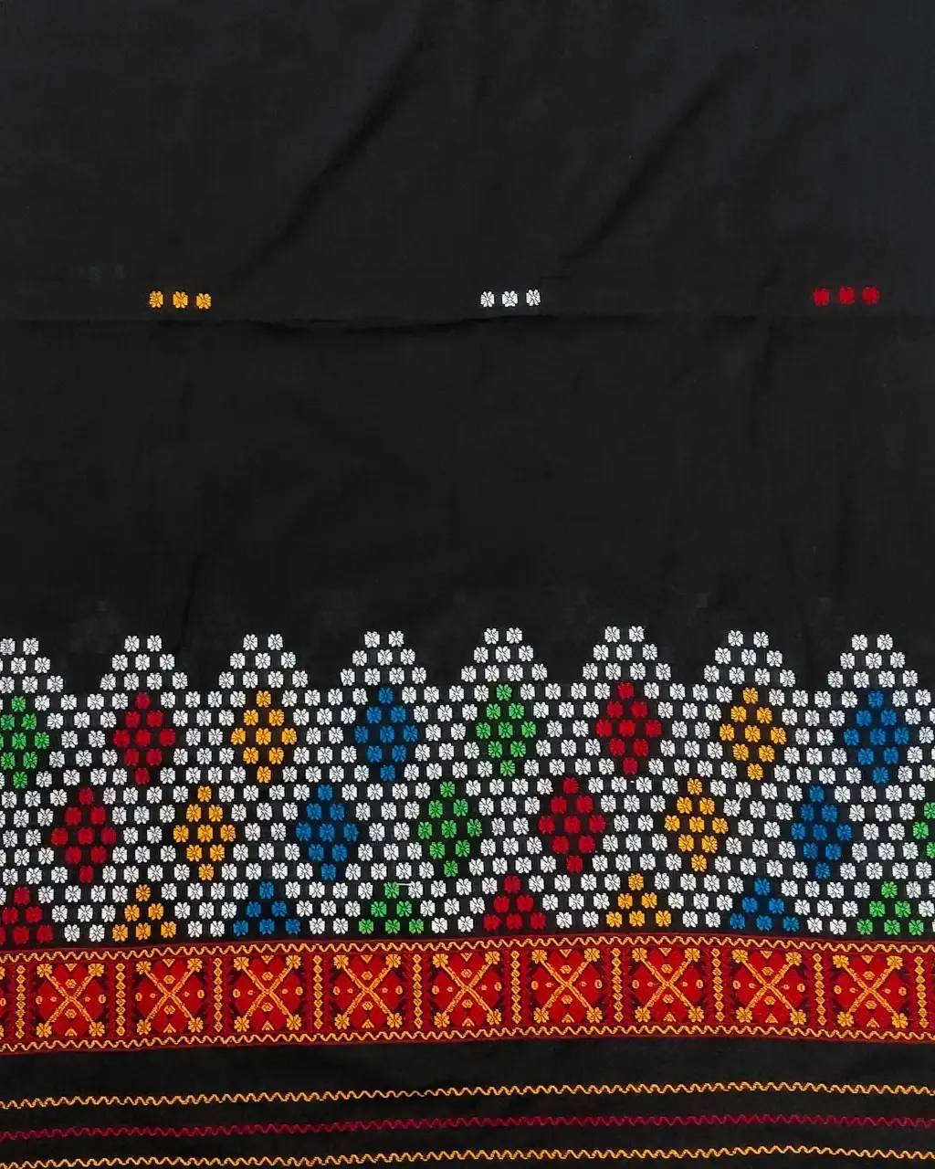 Black Mising mekhela sador jura with colourful guti phul, Mising ghai phul, Mising pari, and parboti work