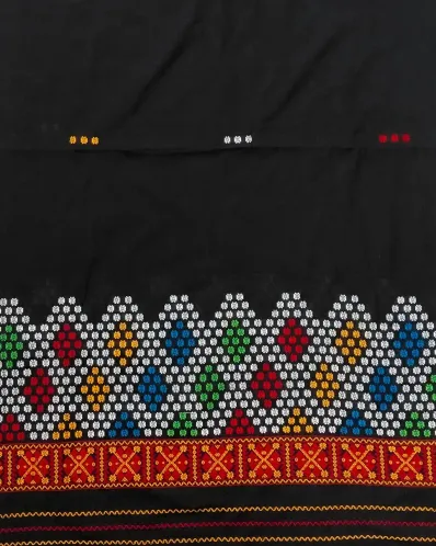 Black Mising mekhela sador jura with colourful guti phul, Mising ghai phul, Mising pari, and parboti work