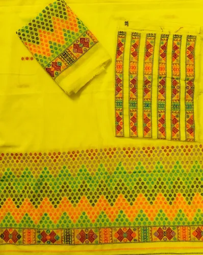 Yellow Mising mekhela sador jura with blouse piece, colourful guti phul, Mising ghai phul, and Mising pari