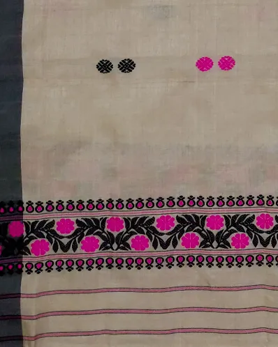 Kola Toss silk single sador with pink black jora buta, black side pari, and black pink phulam ghai phul