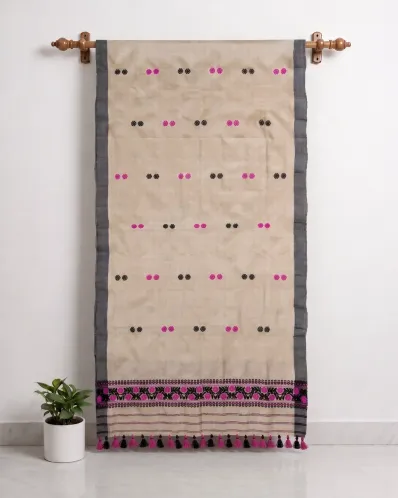 Kola Toss silk single sador with pink black jora buta, black side pari, and black pink phulam ghai phul