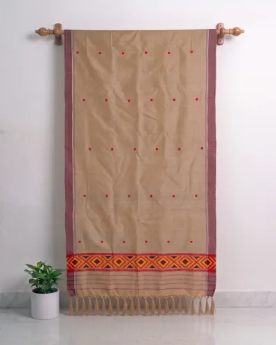 Kola Toss silk single sador with red buta, maroon side pari, and red yellow black Mising ghai phul