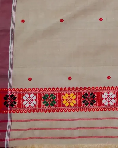 Kola Toss silk single sador with red xoru phul buta, maroon side pari, and colourful Mising ghai phul