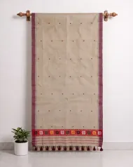 Kola Toss silk single sador with red xoru phul buta, maroon side pari, and colourful Mising ghai phul