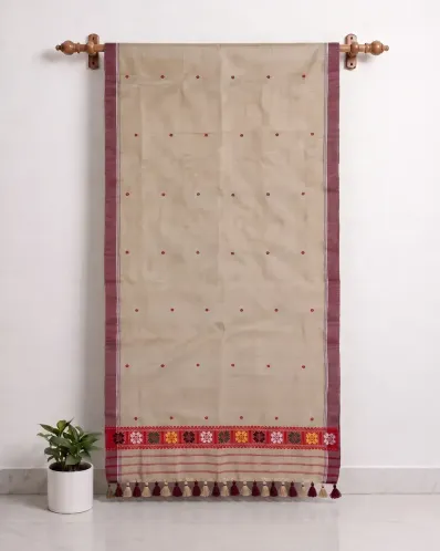 Kola Toss silk single sador with red xoru phul buta, maroon side pari, and colourful Mising ghai phul