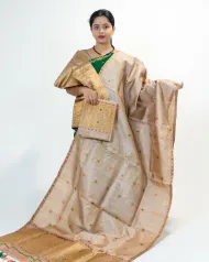 Guna Black Toss mekhela sador with blouse piece, golden guna phul buta, stitched phulam pari, ready-to-wear dohi bota, and bridal ghai phul work