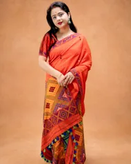 Handwoven Mishing Mekhela Chador with traditional vibrant geometric motifs