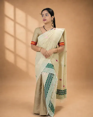 Natural beige ghisa cotton single sador with green and pink motifs, ghai phul, and dohi