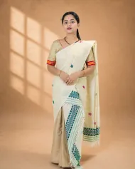 Natural beige ghisa cotton single sador with green and pink motifs, ghai phul, and dohi