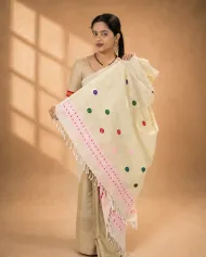 Natural beige ghisa cotton single sador with multi-coloured buta, pink ghai phul, and dohi