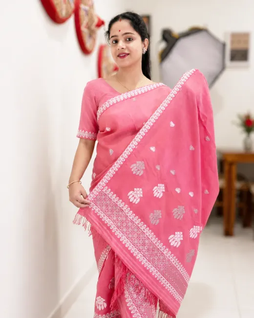 Handwoven Kesa Paat cotton Mekhela Sador jura with traditional Assamese buta, pari, ghai phul, and matching blouse piece