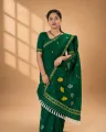 Dark Green Kesa Paat Cotton mekhela sador set with yellow and white motifs and dohi