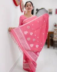 Pink Kesa Paat cotton mekhela sador jura with silver-white xoru phul buta, gos pata buta, broad ghai phul, xoru phul pari, and matching blouse